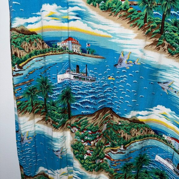 Vintage Clio Dressing Sleeveless Rayon Maxi Dress With Scenic Print Yellow/Blue/ - Picture 3 of 6